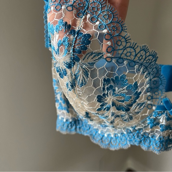 🔖Dita Von Teese Lingerie Evelina Underwire Bra Blue Lace Bow Embroidery Mesh - Picture 5 of 9